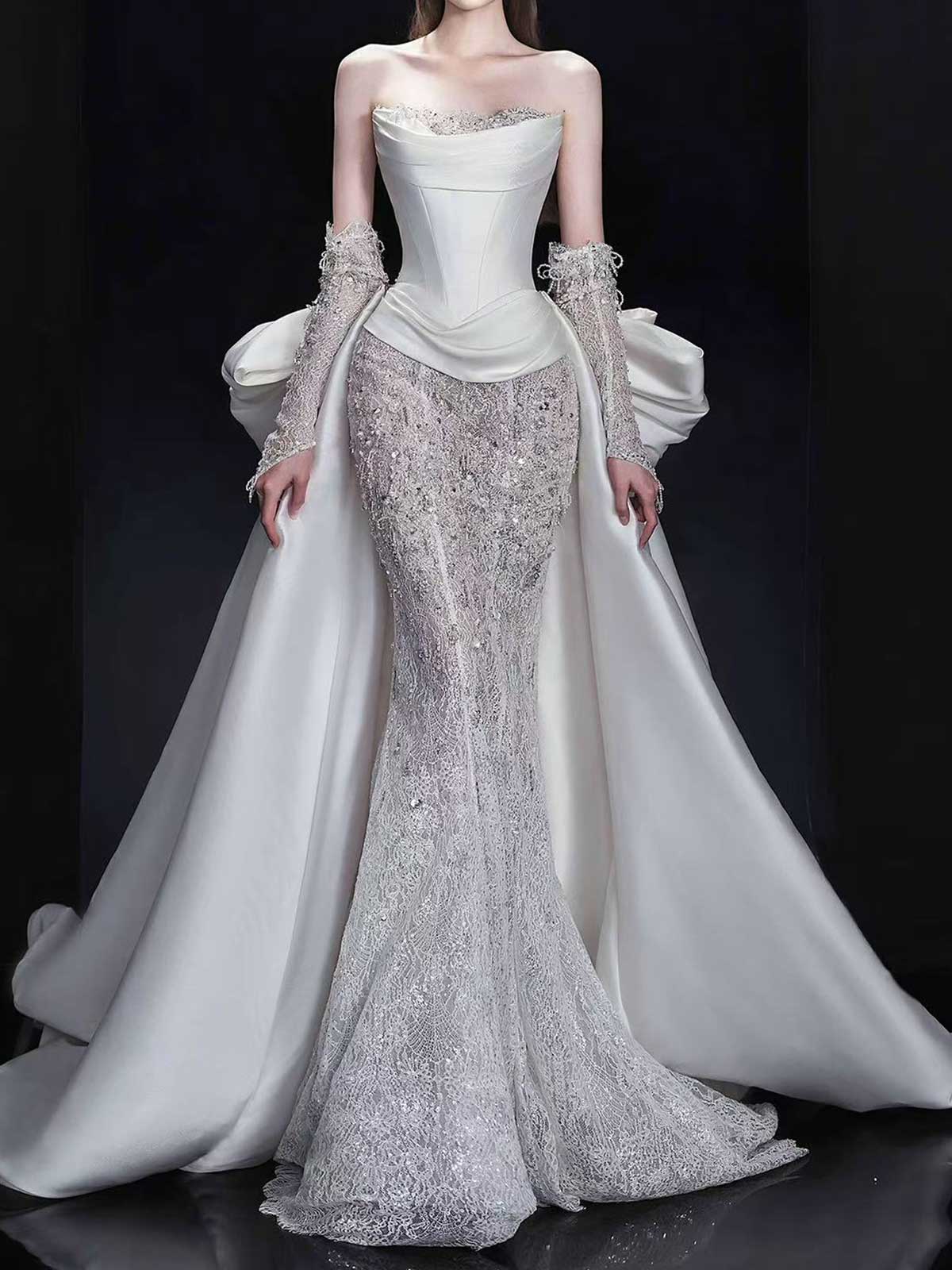 Elegant White Lace Satin Mermaid Wedding Dress with Detachable Train