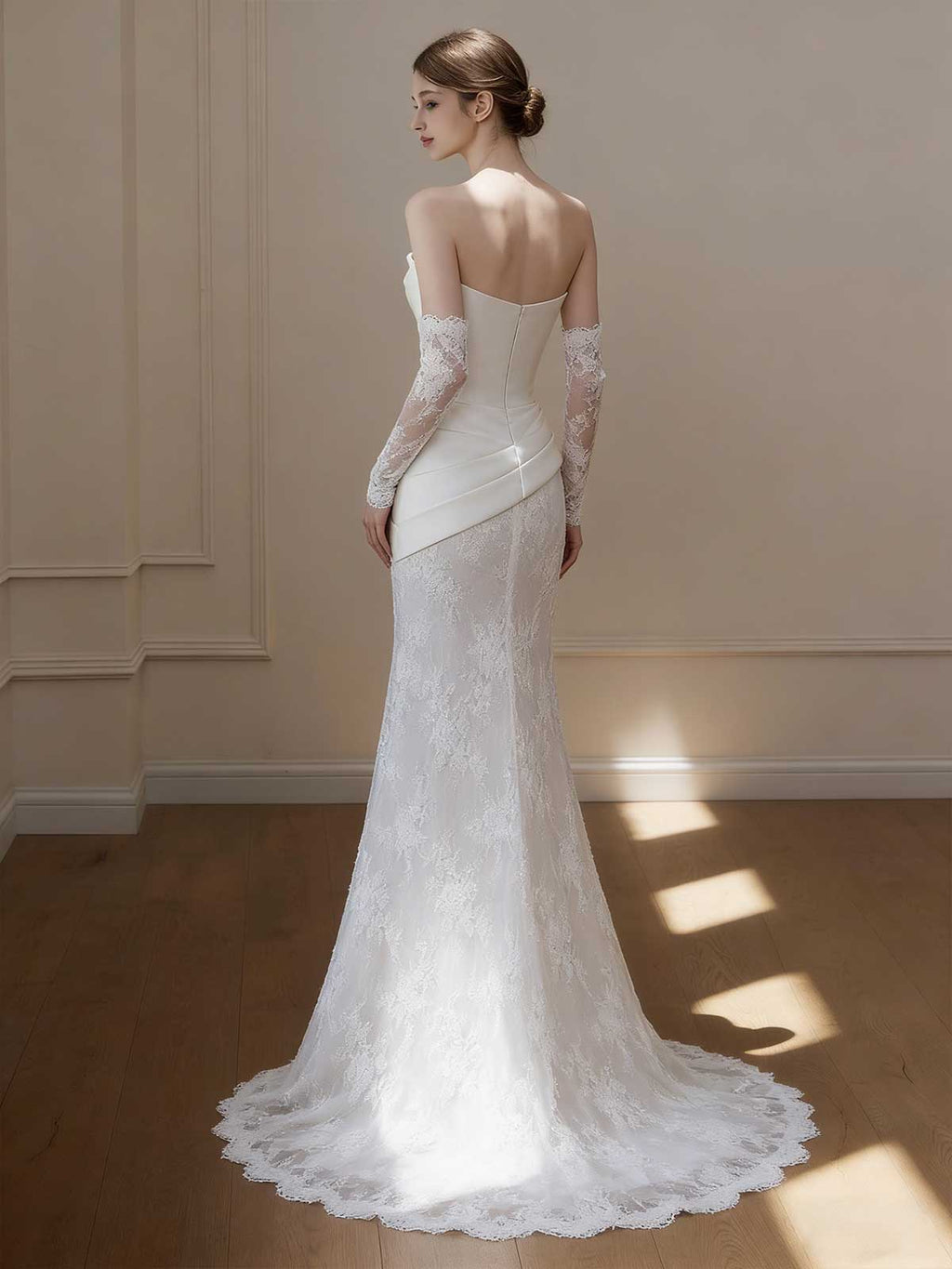 Strapless Satin Lace Mermaid Wedding Dress with Lace Gloves