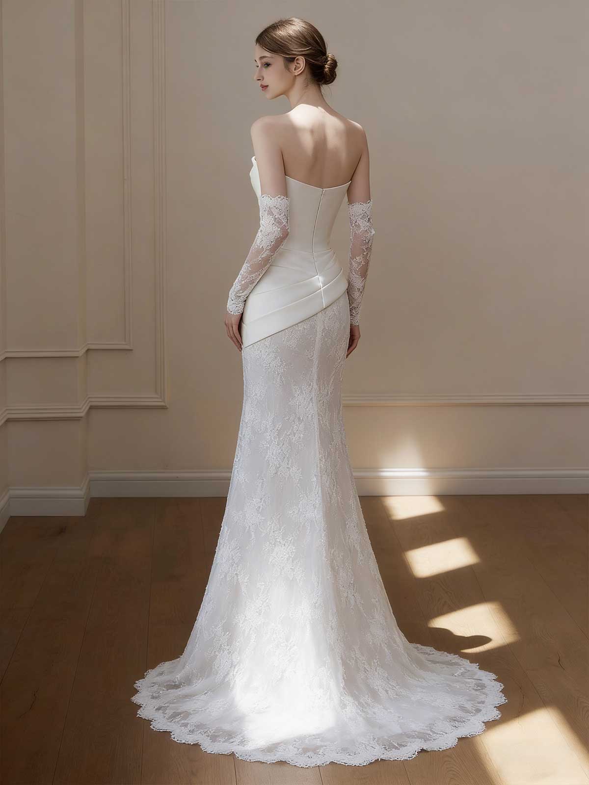 Strapless Satin Lace Mermaid Wedding Dress with Lace Gloves
