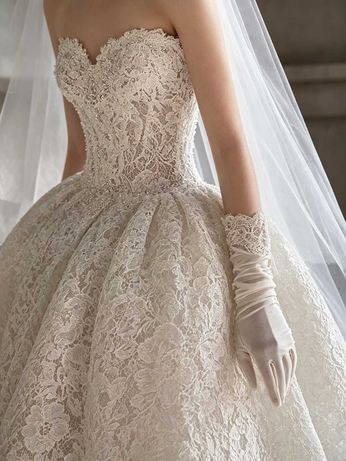 Vintage Lace Strapless Ball Gown Wedding Dress with Long Gloves & Veil