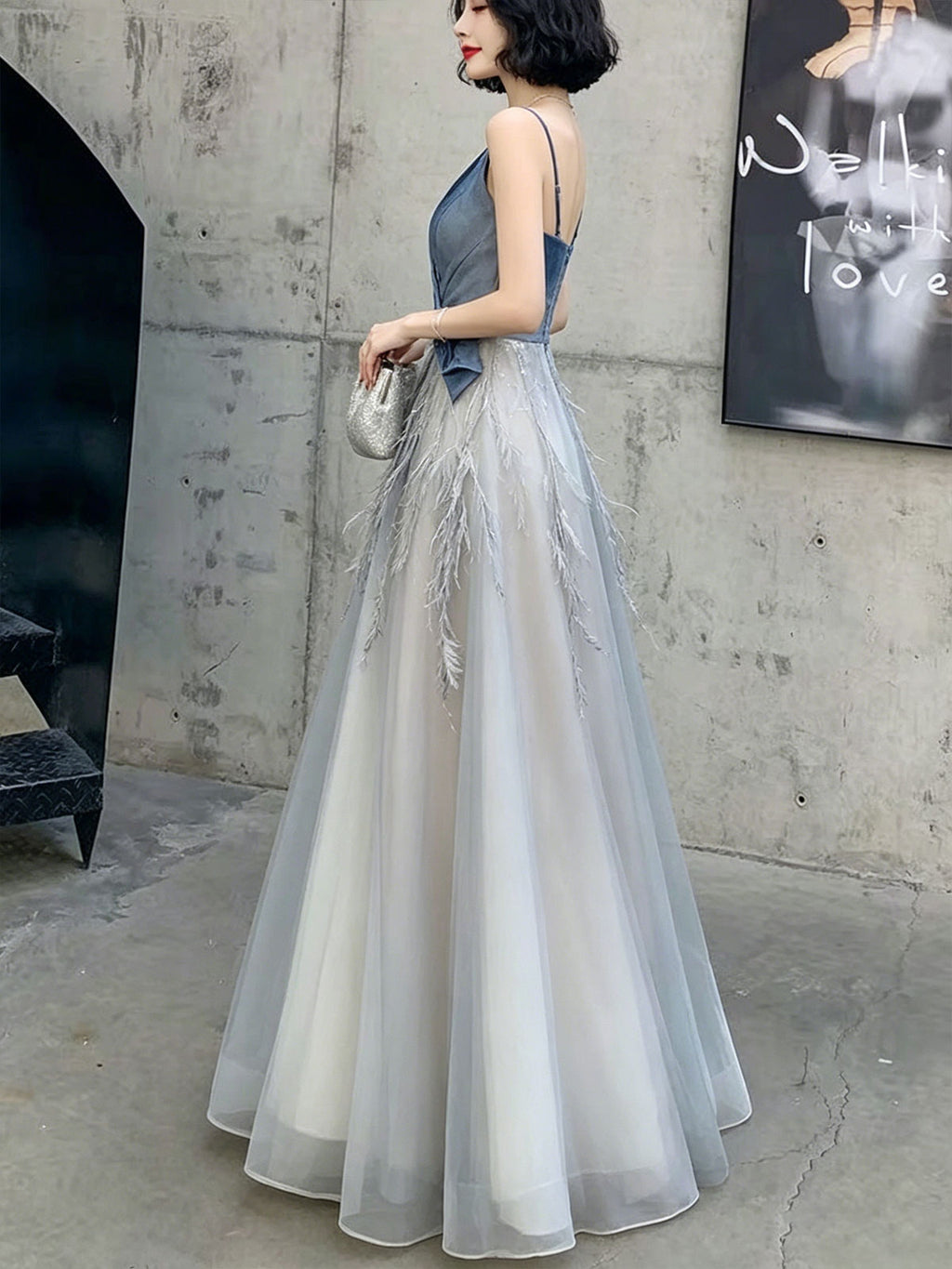 Spaghetti Strap Navy Velvet Feather Tulle Formal Evening Gown