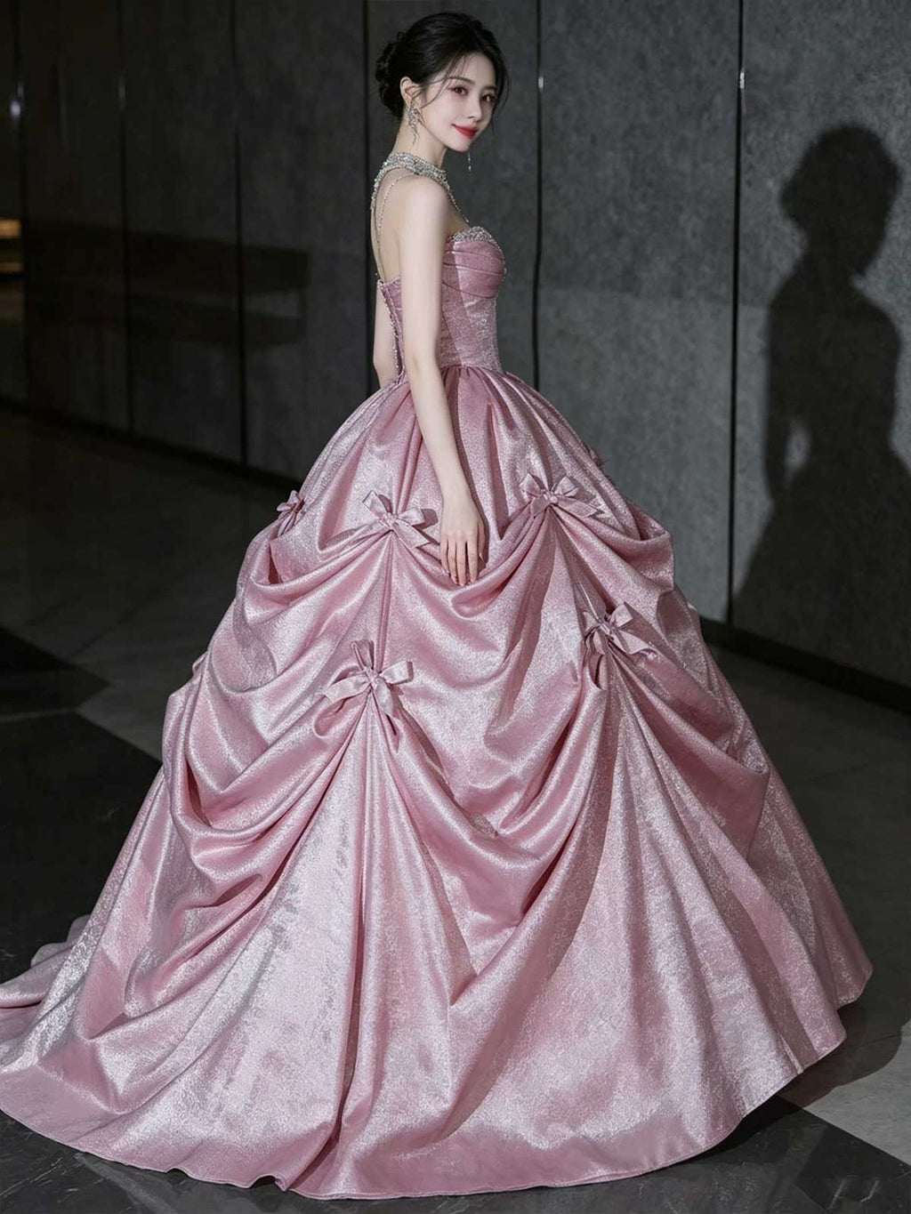 Blush Pink Strapless Satin Ball Gown with Bow Details