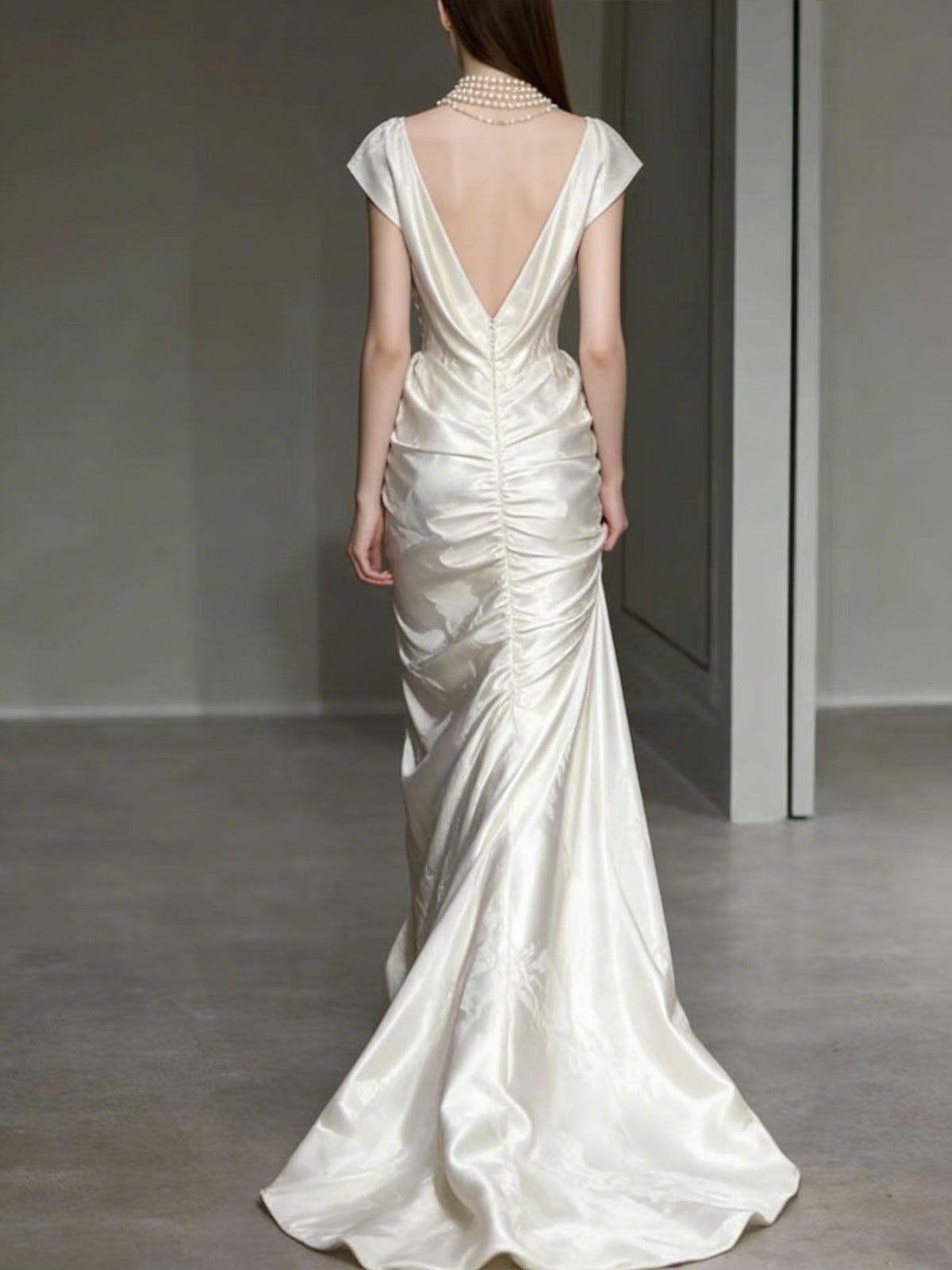 Ivory Jacquard Satin Cowl Neck Mermaid Wedding Dress