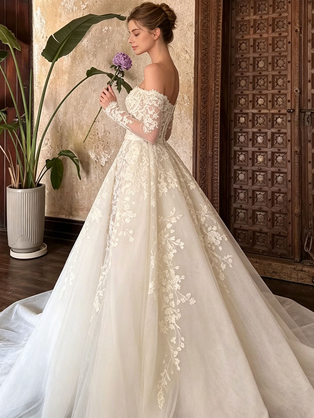 Off Shoulder Lace Long Sleeve Overskirt Mermaid Train Wedding Gown