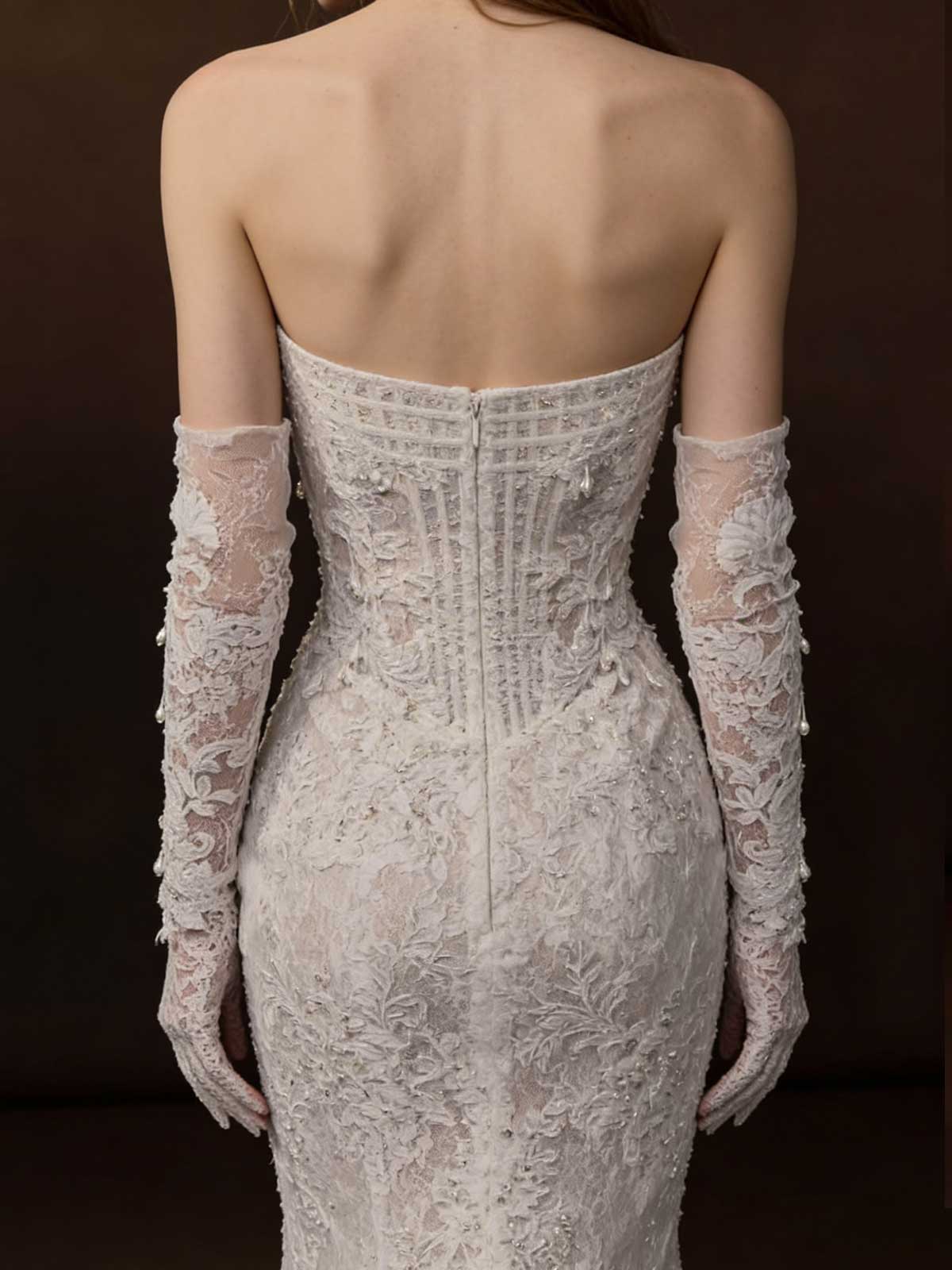 Strapless Lace Mermaid Gown with Beaded Detailing & Scalloped Veil