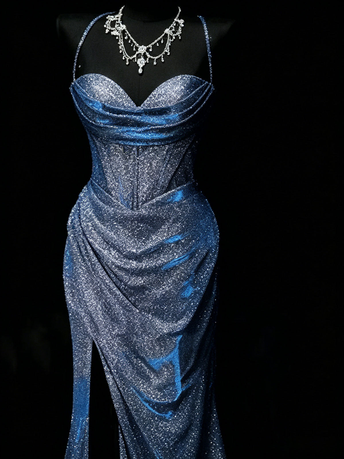 Blue Glitter Halter Neck High Slit Satin Mermaid Prom Gown