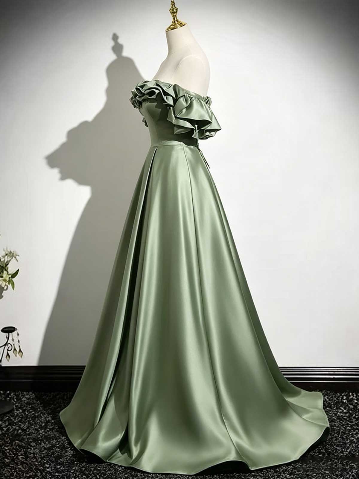 Sage Green Off-the-Shoulder Satin Ball Gown with Ruffled Sleeves