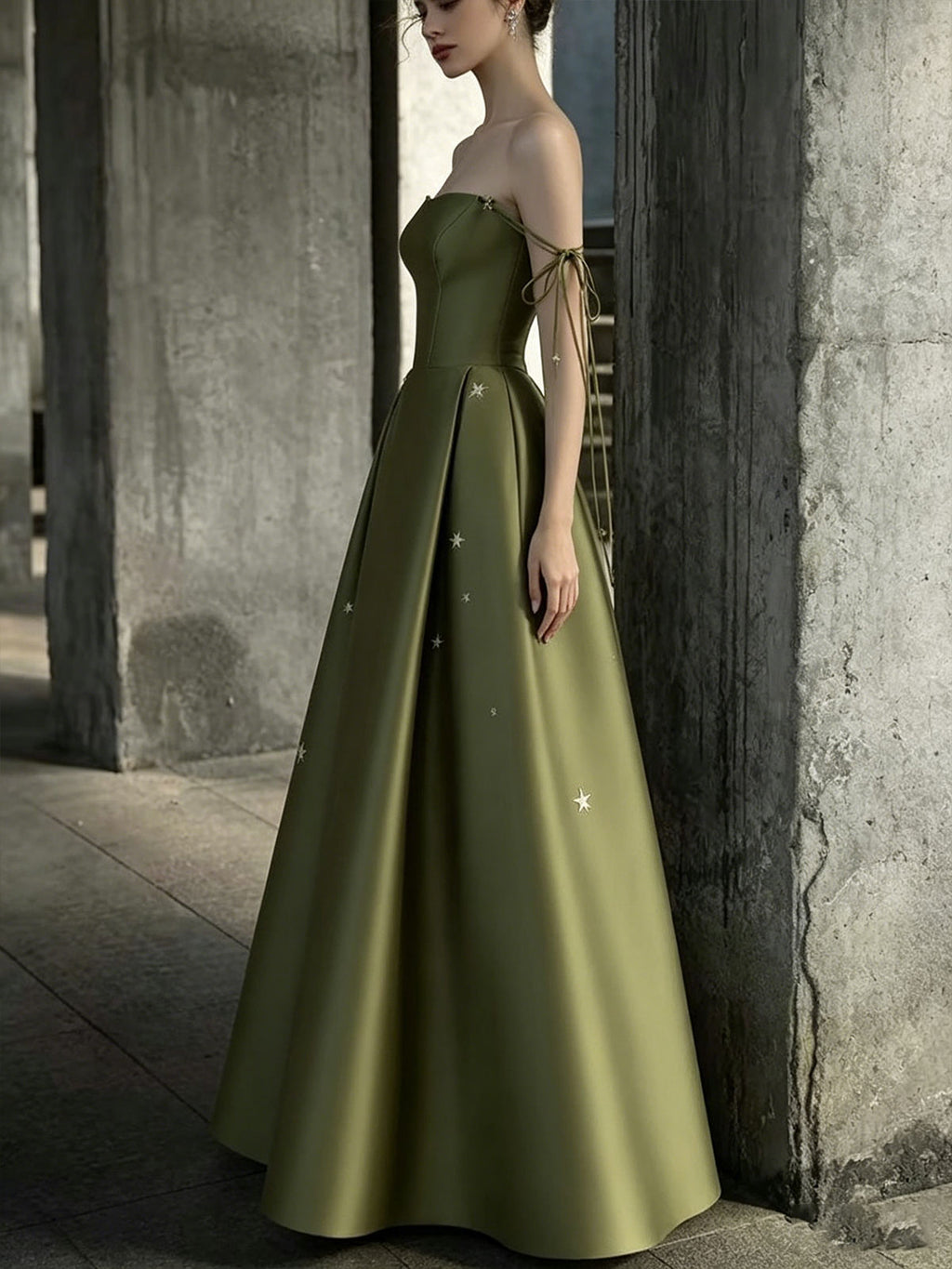 Olive Green Strapless Satin Evening Gown with Star Embroidery