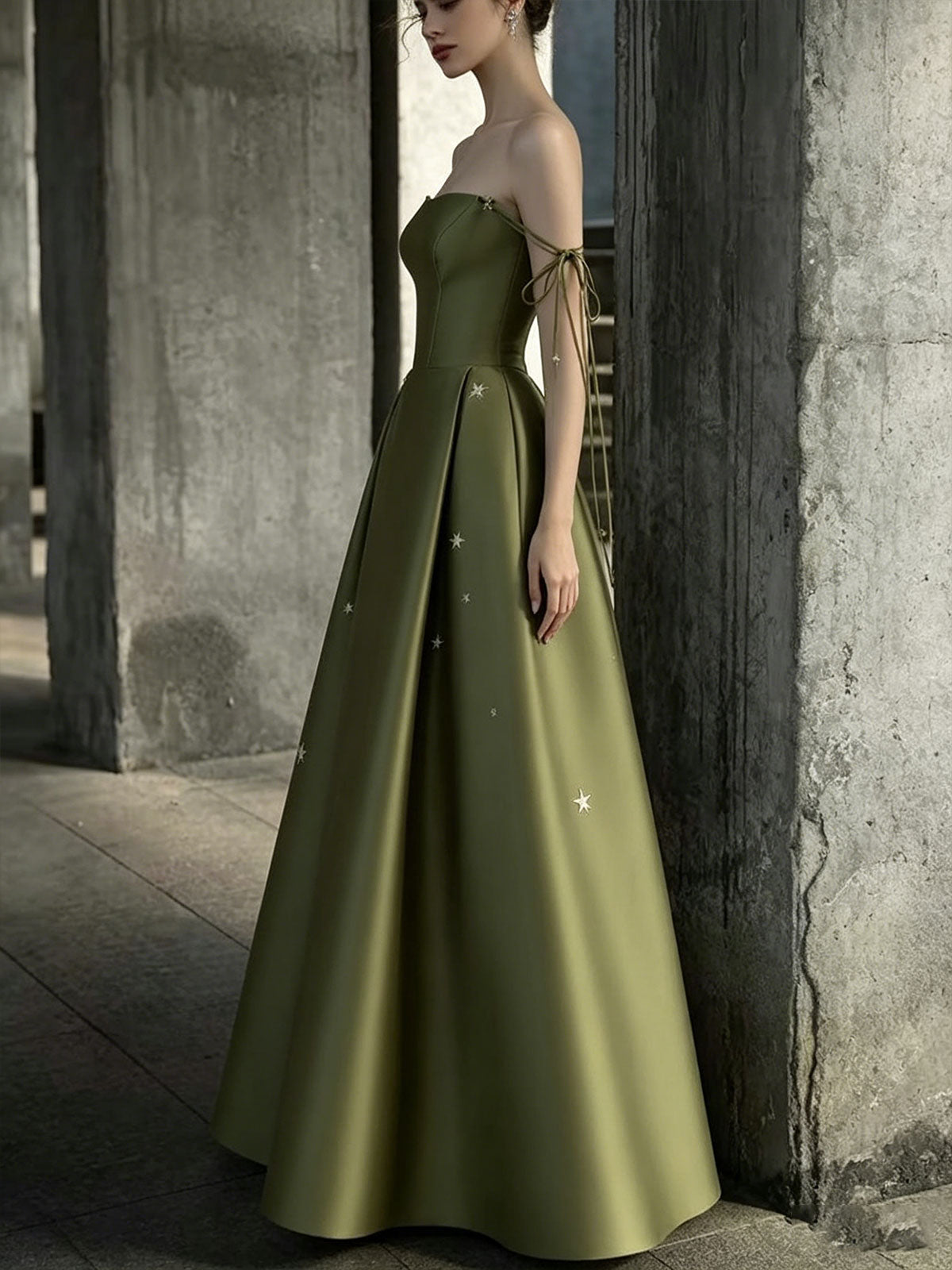 Olive Green Strapless Satin Evening Gown with Star Embroidery