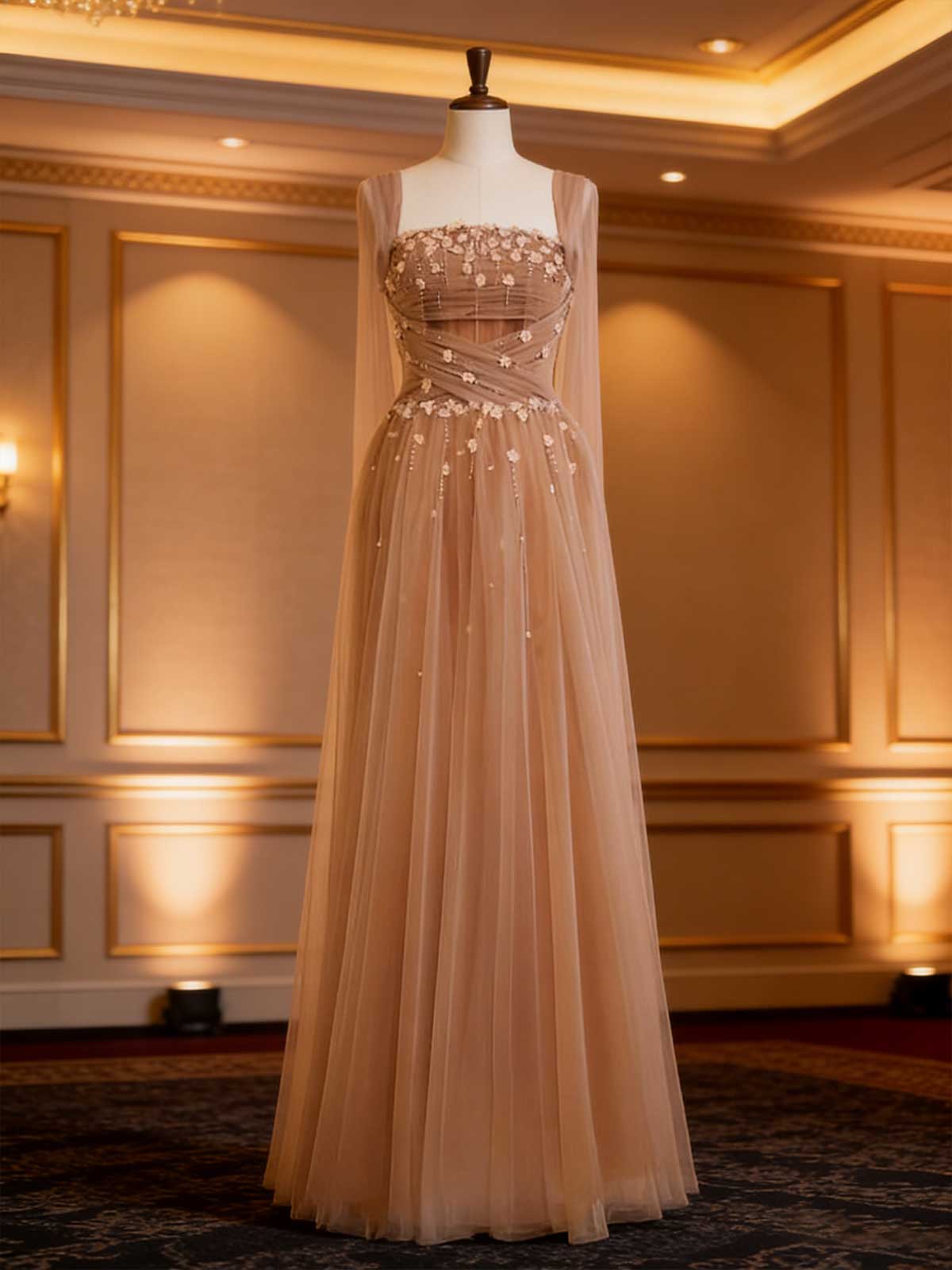 Elegant Floral Beaded Tulle Evening Gown with Sheer Cape Sleeves for Wedding & Prom
