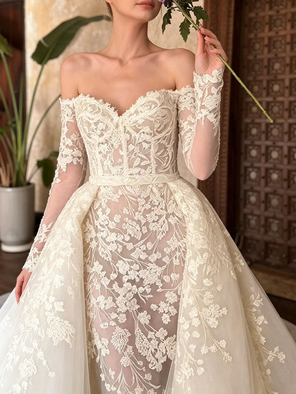 Off Shoulder Lace Long Sleeve Overskirt Mermaid Train Wedding Gown