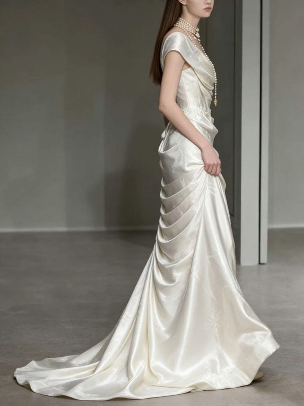 Ivory Jacquard Satin Cowl Neck Mermaid Wedding Dress