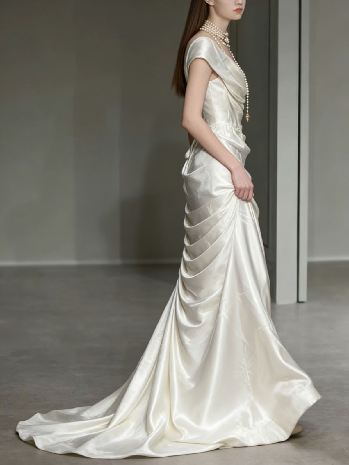 Ivory Jacquard Satin Cowl Neck Mermaid Wedding Dress