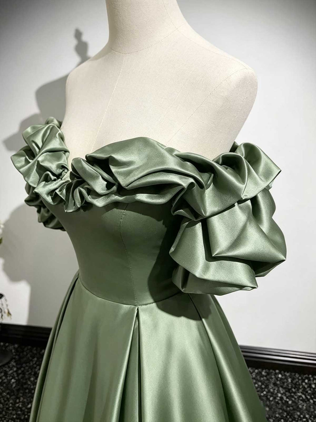 Sage Green Off-the-Shoulder Satin Ball Gown with Ruffled Sleeves