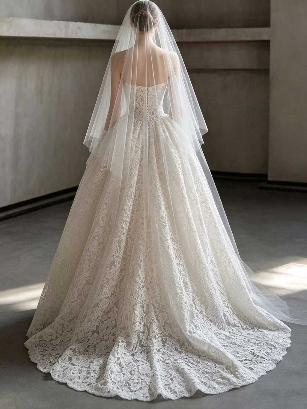 Vintage Lace Strapless Ball Gown Wedding Dress with Long Gloves & Veil