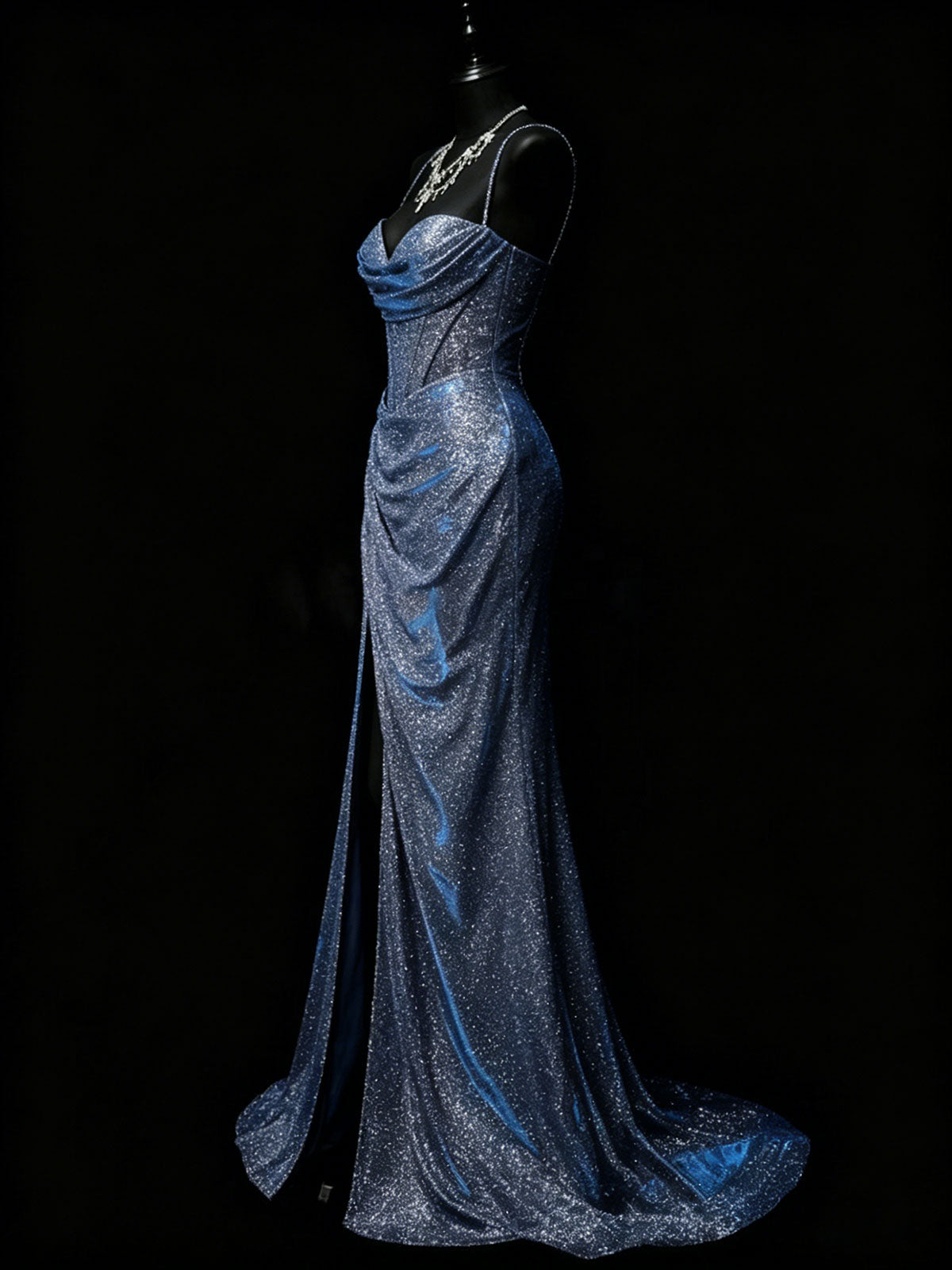 Blue Glitter Halter Neck High Slit Satin Mermaid Prom Gown