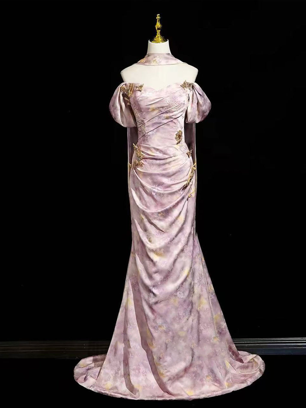 Off-Shoulder Dusty Pink Floral Print Satin Mermaid Gown