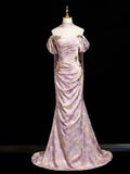 Off-Shoulder Dusty Pink Floral Print Satin Mermaid Gown