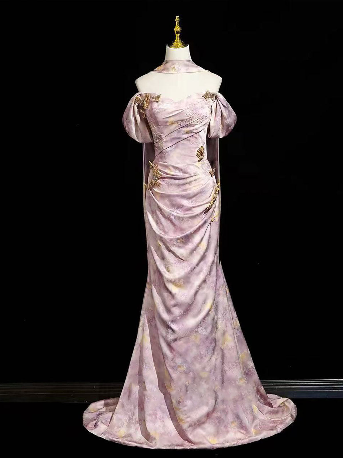 Off-Shoulder Dusty Pink Floral Print Satin Mermaid Gown