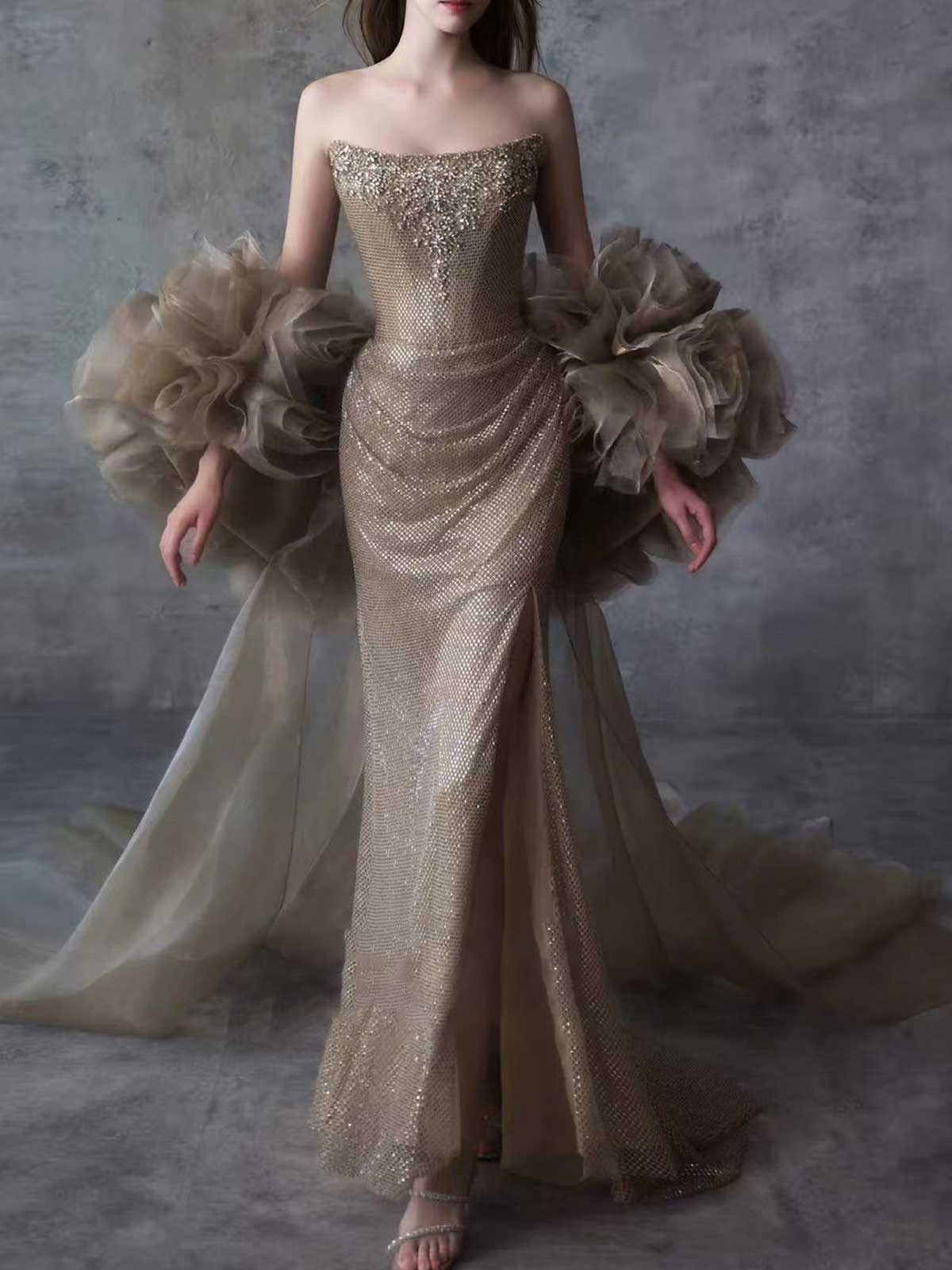 Glam Champagne Gold Rhinestone Mermaid Evening Gown with Puff Sleeves