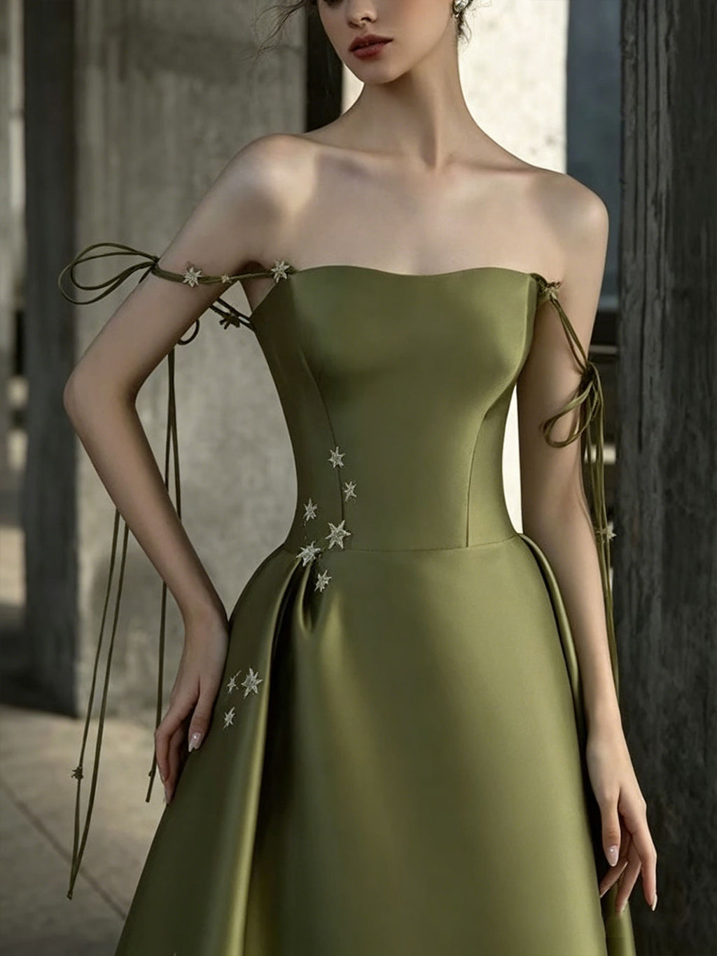 Olive Green Strapless Satin Evening Gown with Star Embroidery