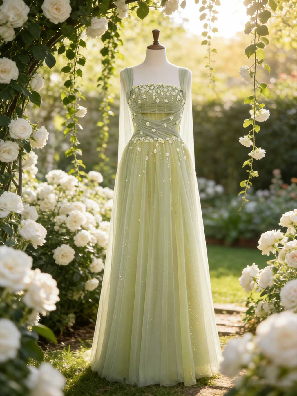 Elegant Floral Beaded Tulle Evening Gown with Sheer Cape Sleeves for Wedding & Prom