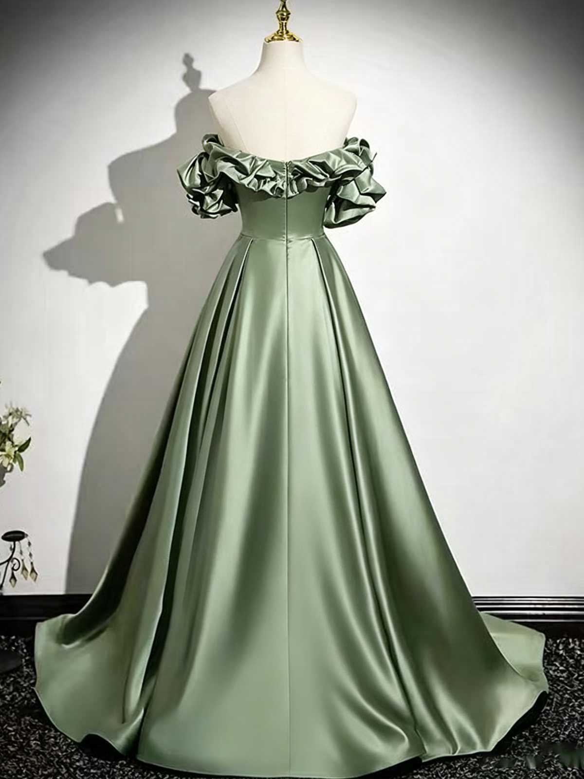 Sage Green Off-the-Shoulder Satin Ball Gown with Ruffled Sleeves