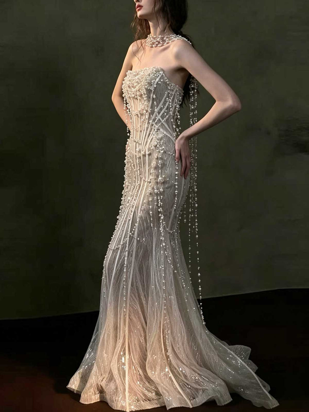 Pearl Beaded Fringe Strapless Sheath Mermaid Evening Gown
