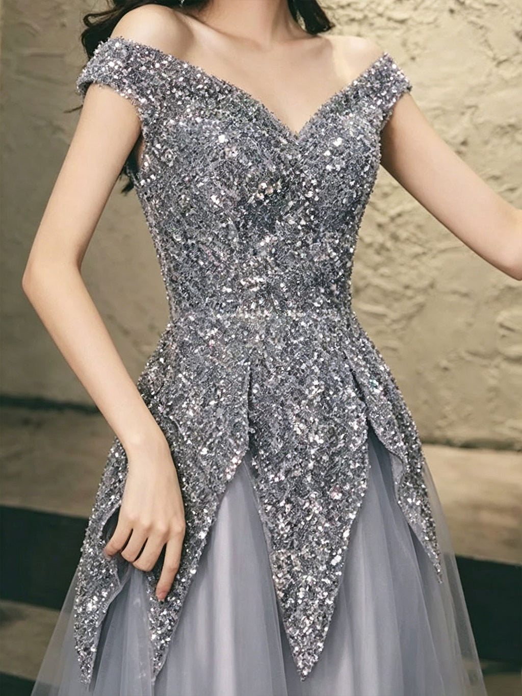 Off Shoulder Glitter Sequin Peplum Grey Tulle Formal Evening Dress