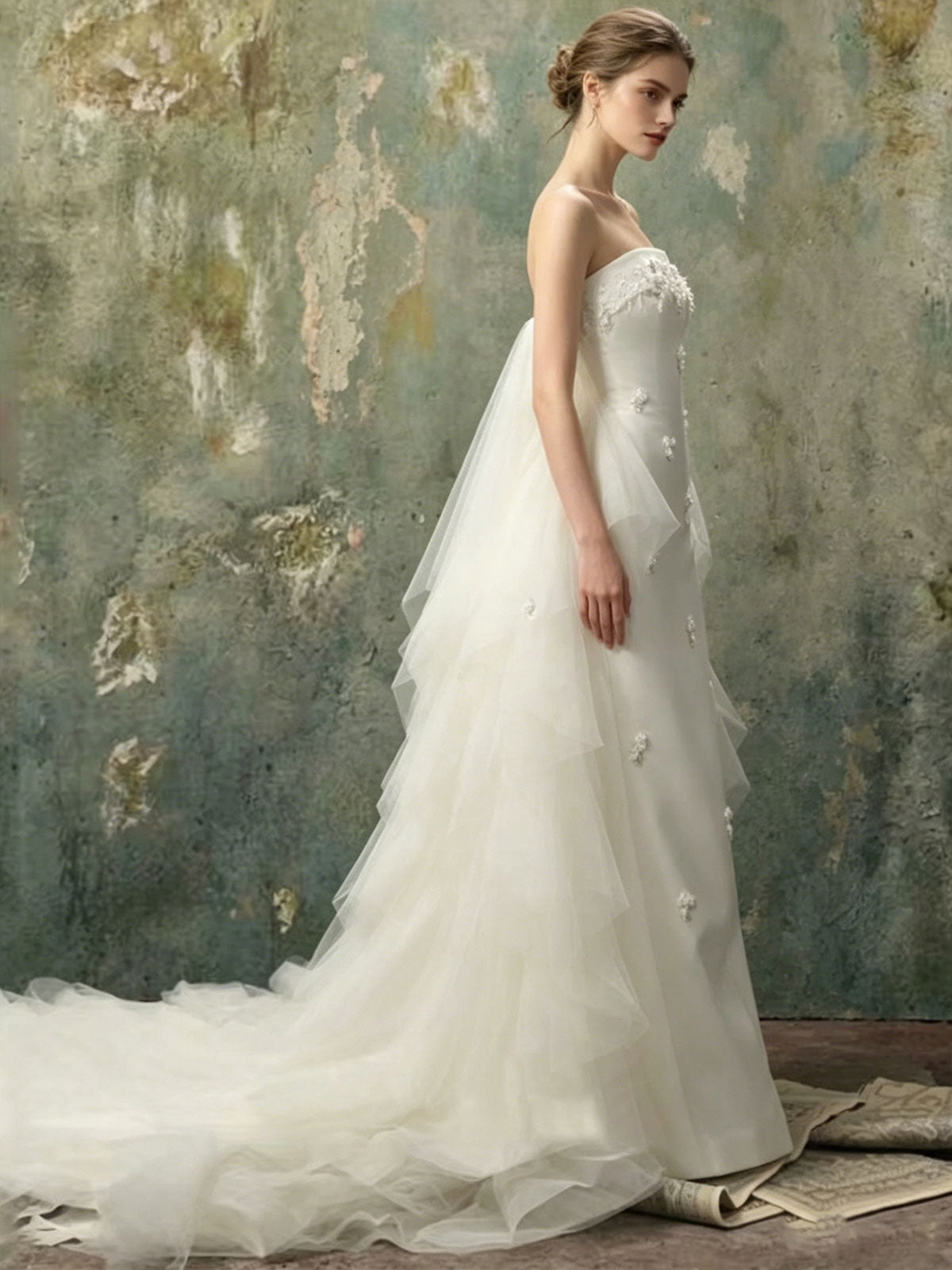 Strapless Satin 3D Floral Side Tulle Mermaid Train Wedding Gown
