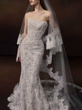Strapless Lace Mermaid Gown with Beaded Detailing & Scalloped Veil