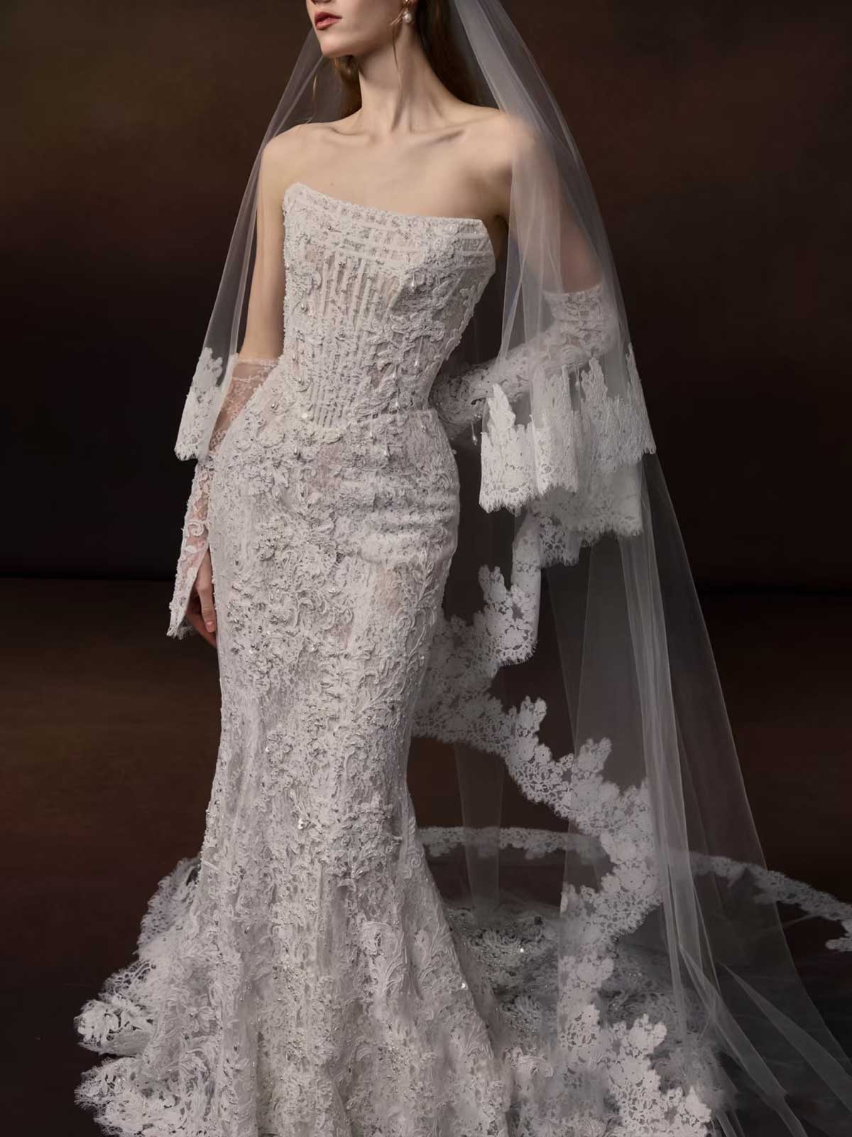 Strapless Lace Mermaid Gown with Beaded Detailing & Scalloped Veil