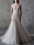 Elegant Blush Tulle Ruched Mermaid Wedding Dress with Veil