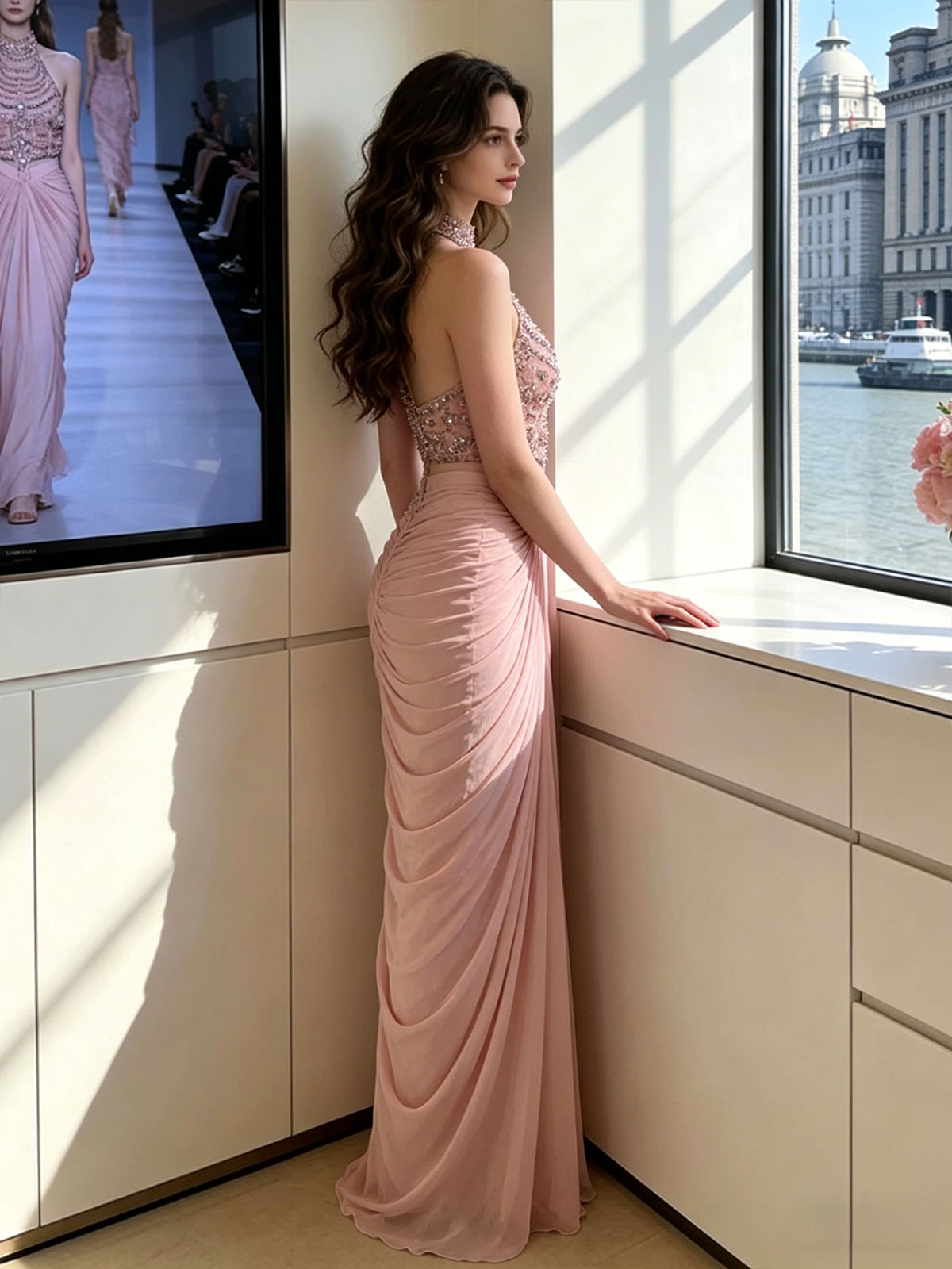 Blush Pink Beaded Halter Neck Ruched Satin Mermaid Evening Gown
