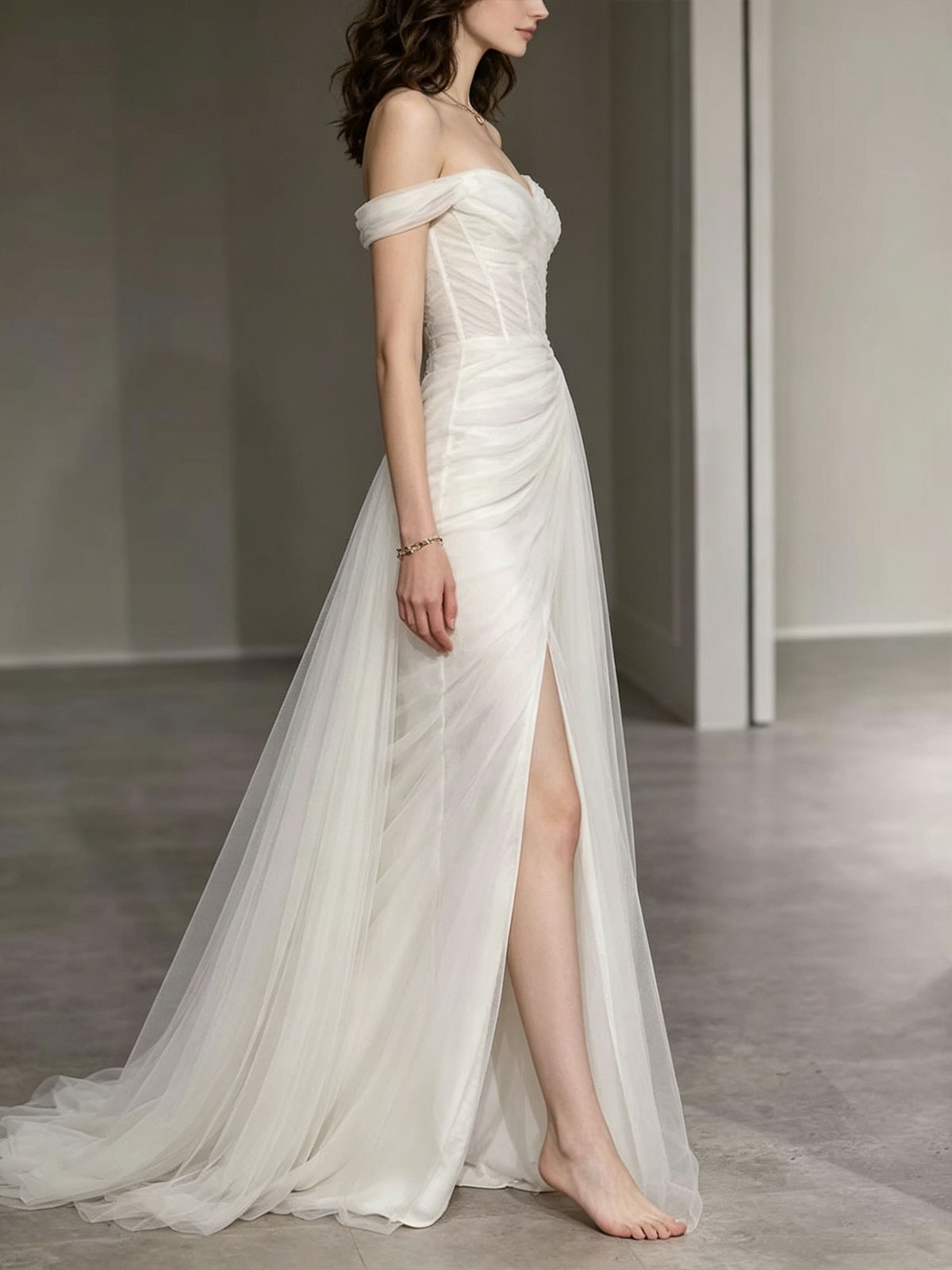 Ivory Off-the-Shoulder Tulle Wedding Dress with Draped Skirt & Slit