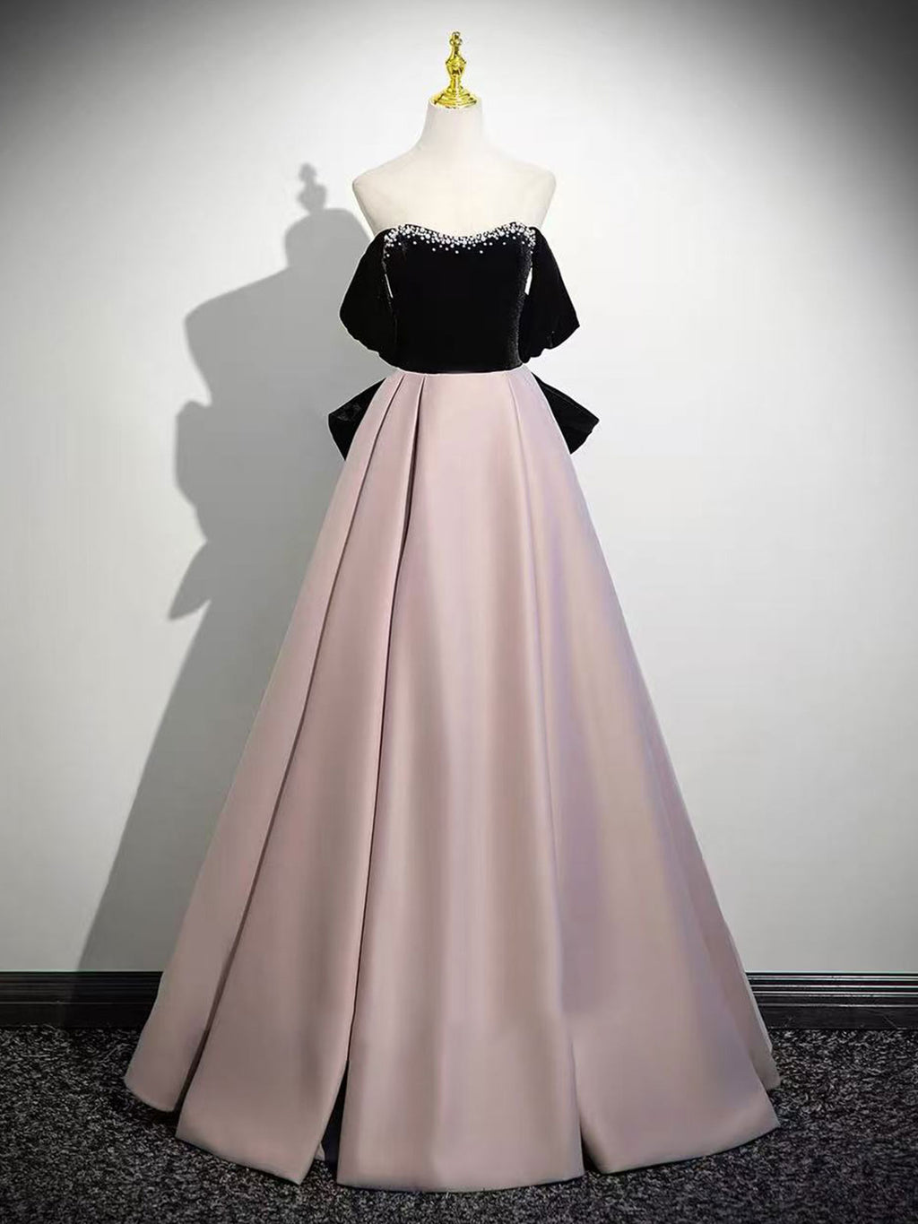 Black Velvet & Blush Off-Shoulder Ball Gown with Beading