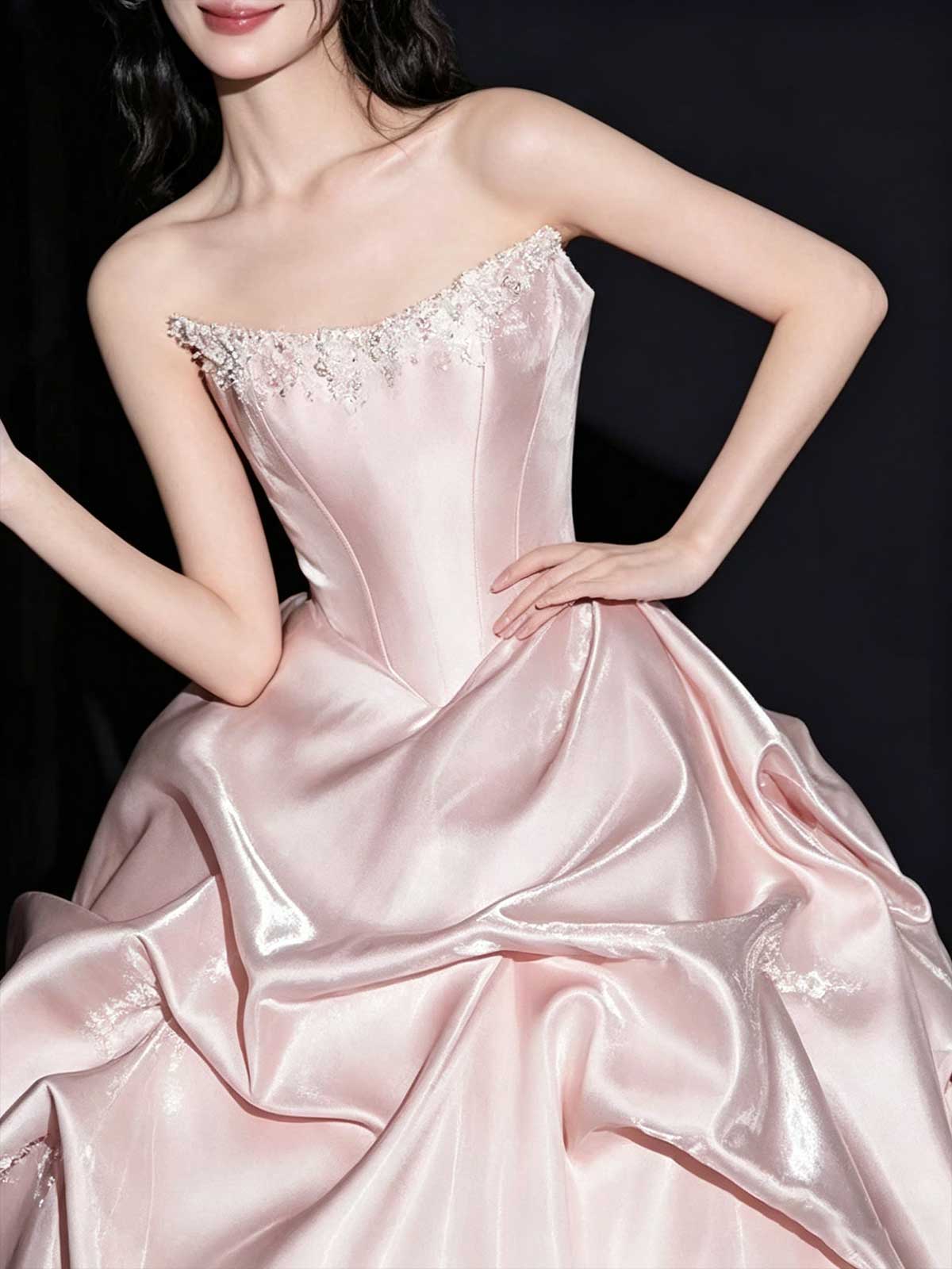 Light Pink Strapless Satin Ball Gown with Layered Skirt