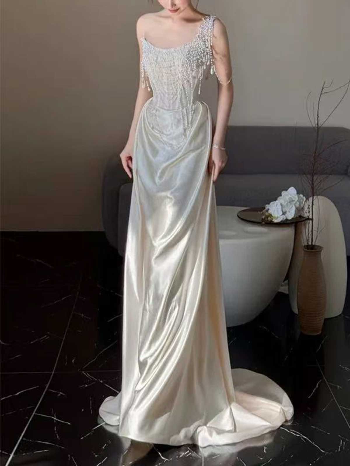 Ivory Satin One-Shoulder Beaded Fringe Mermaid Evening Gown