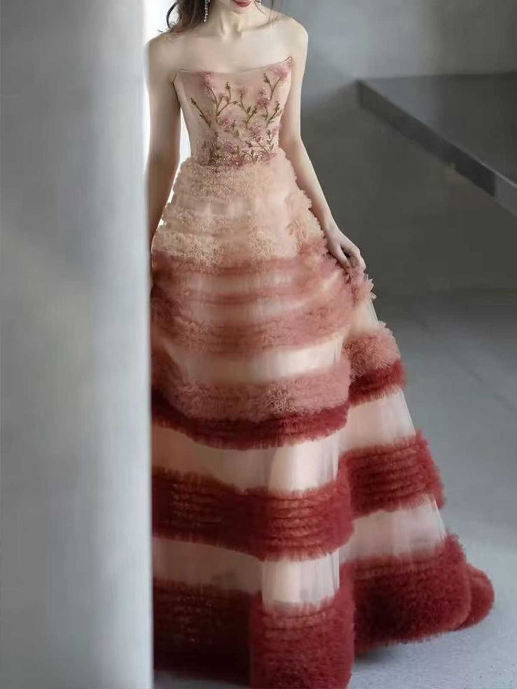 Ombre Red to Blush Strapless Tiered Tulle Ball Gown with Floral Embroidery