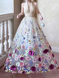 Multicolor Floral Embroidered Halter Neck A-Line Prom Gown