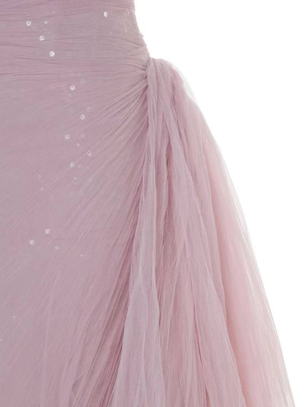 Blush Pink Strapless Ruched Tulle Gown with Asymmetrical Skirt