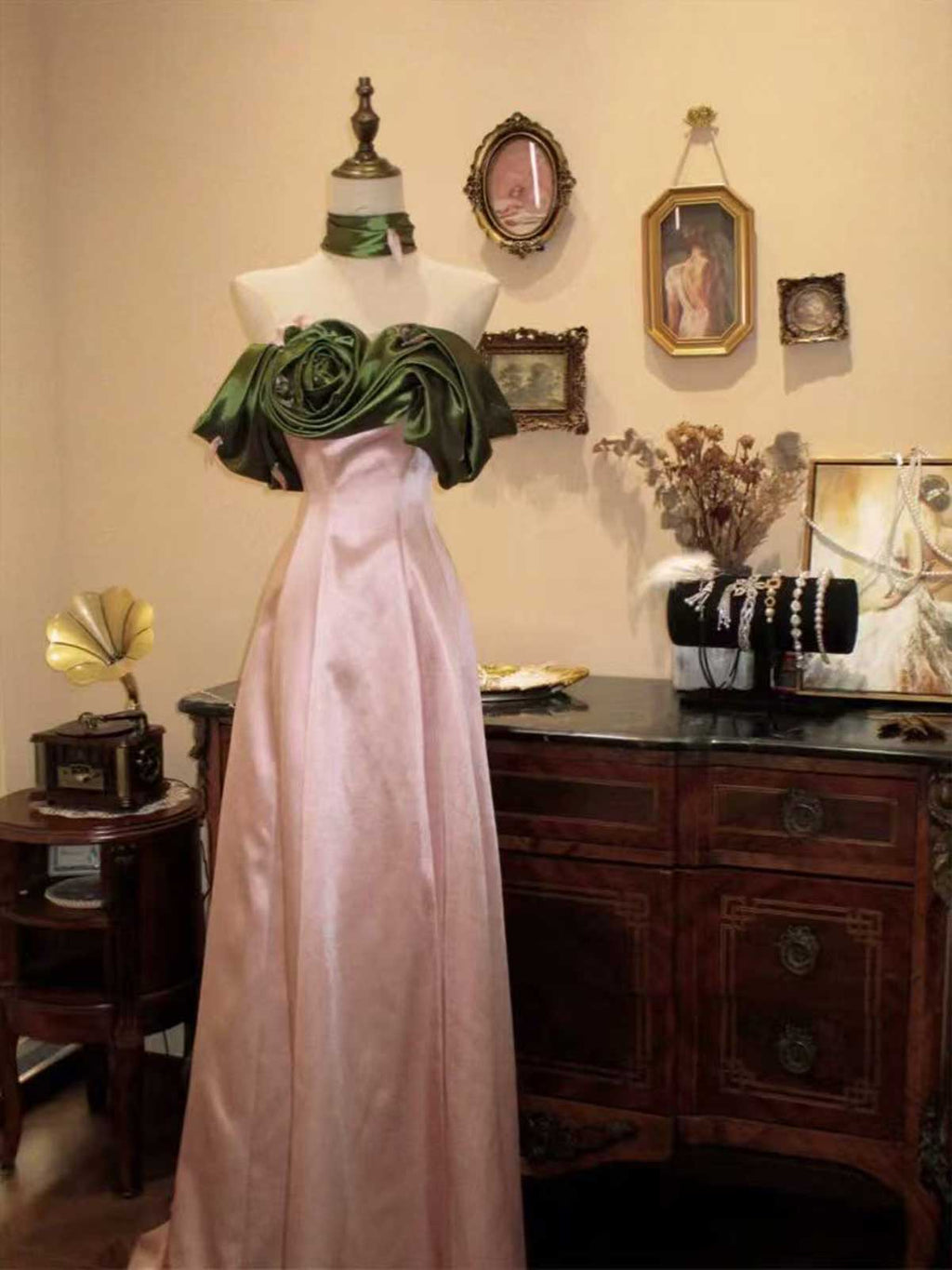 Vintage Pink Satin Gown with Green Rose Off-Shoulder Detail