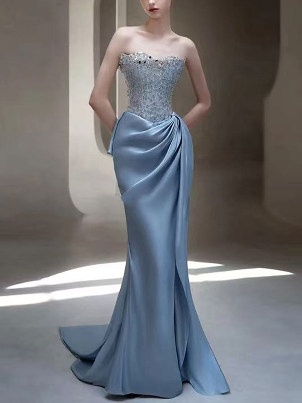 Dusty Blue Beaded Corset Satin Mermaid Evening Dress