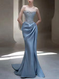 Dusty Blue Beaded Corset Satin Mermaid Evening Dress