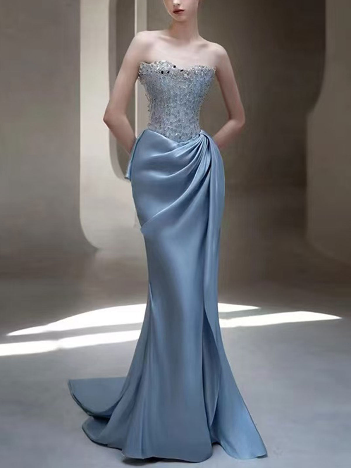 Dusty Blue Beaded Corset Satin Mermaid Evening Dress