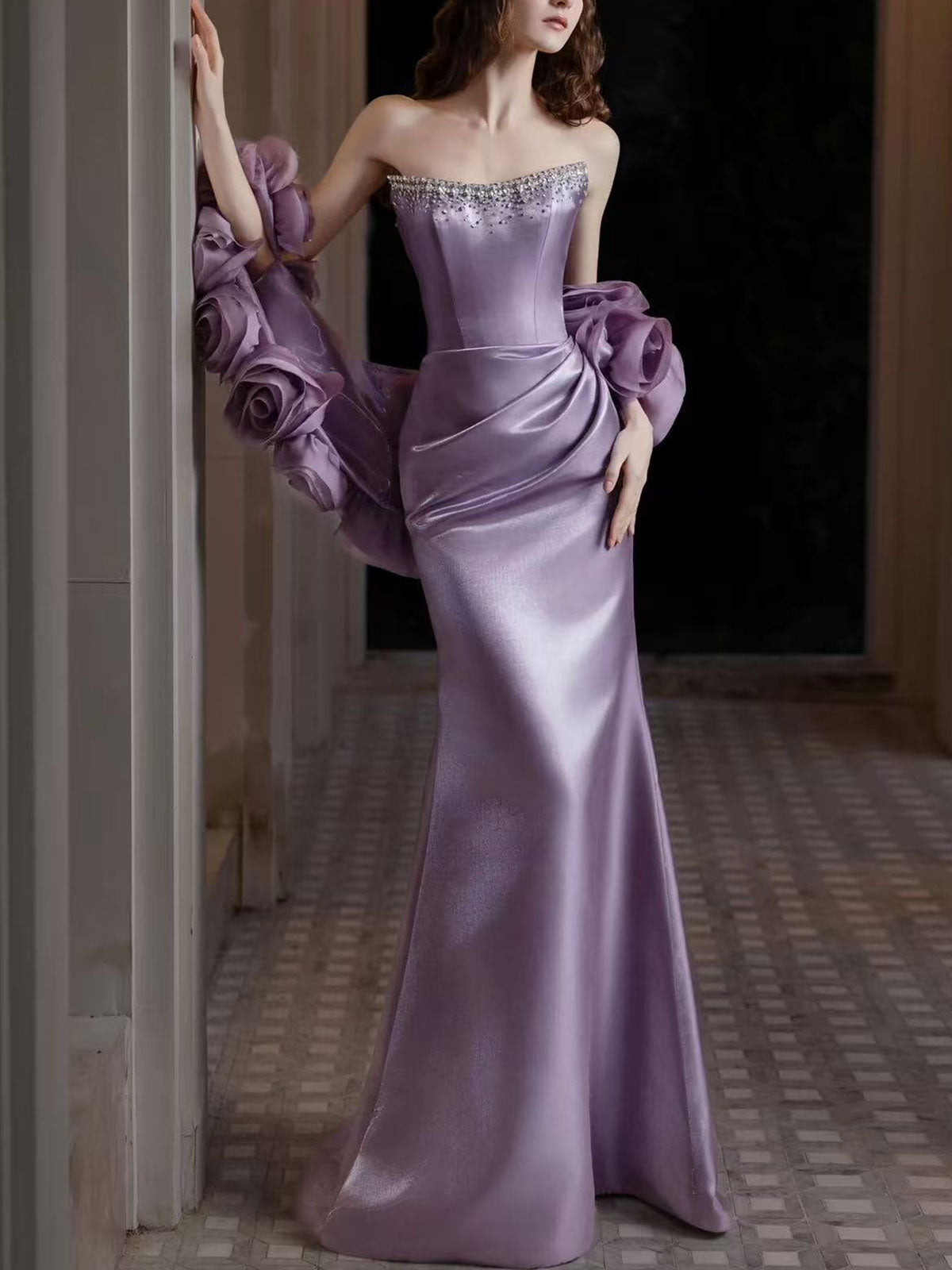 Lavender Strapless Rhinestone Trim Satin Mermaid Formal Gown with Detachable Rose Organza Wrap