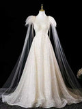 Champagne Sequin Tulle Evening Gown with Sheer Cape Sleeves