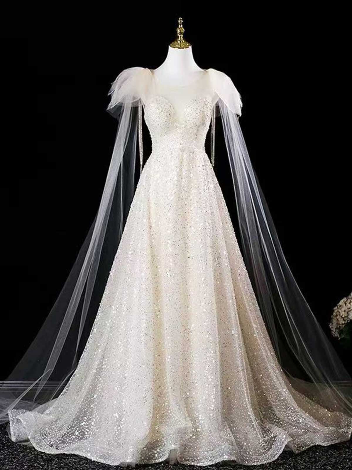 Champagne Sequin Tulle Evening Gown with Sheer Cape Sleeves