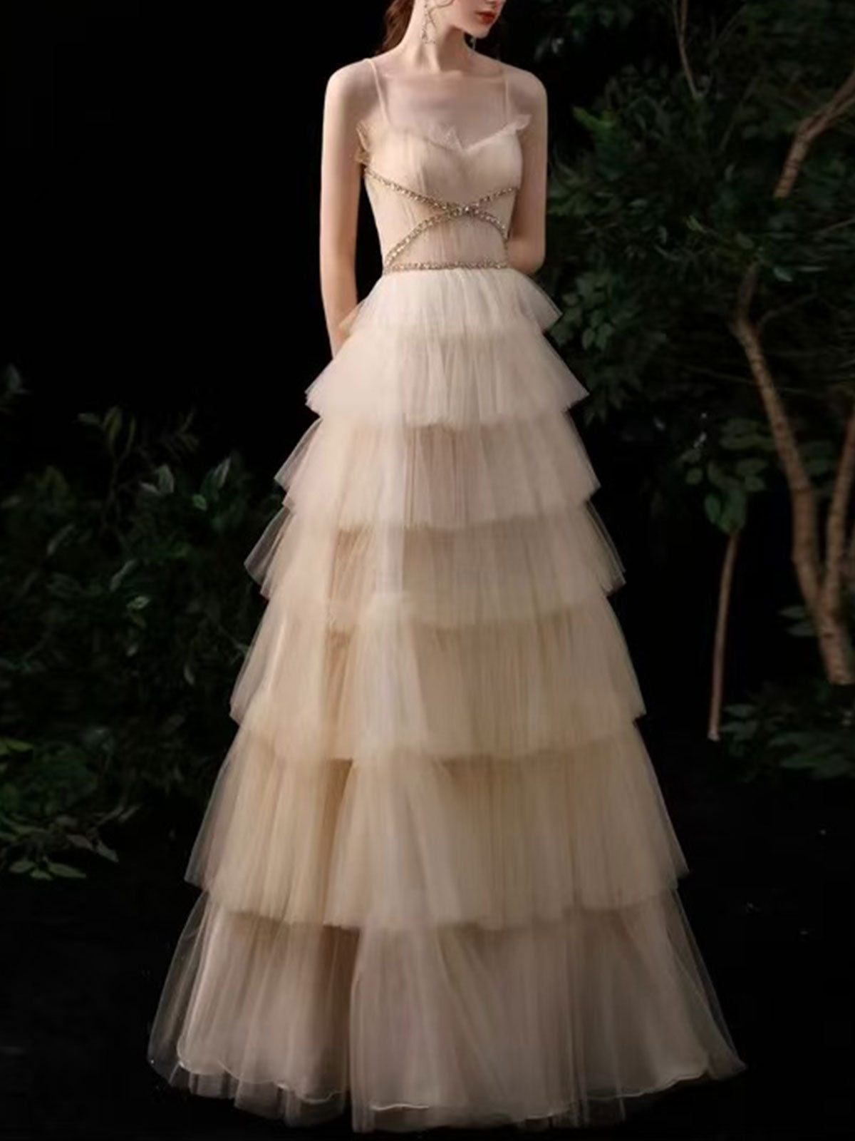 Champagne Gold Beaded Spaghetti Strap Tiered Tulle A-Line Prom Gown