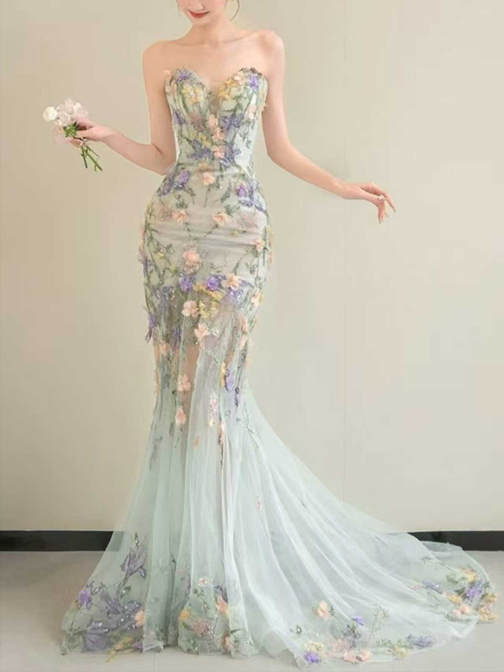 Mint Green Strapless Floral Embellished Mermaid Evening Gown